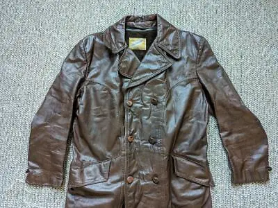 Vintage DOUBLE BREASTED Leather Coat 42 Double Breasted PEACOAT Jacket PATINA • $159.95