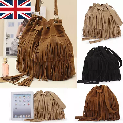 Womens Ladies Tassel Handbag Faux Suede Fringe Crossbody Shoulder Messenger Bag • £8.69