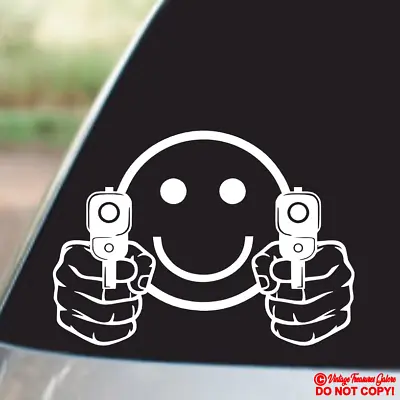 Smiley Face Pointing Guns - Vinyl Decal Car Rear Window Bumper Sticker Back Off! • $2.99