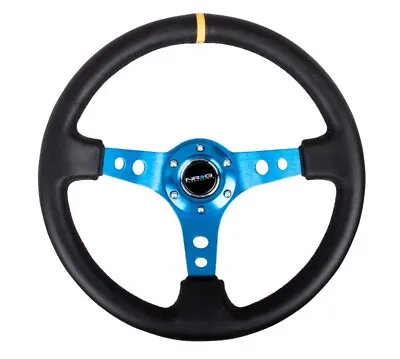 $108 • Buy NRG Steering Wheel Black Leather & Blue Spoke W/ Yellow Mark 350mm 3  DEEP DISH