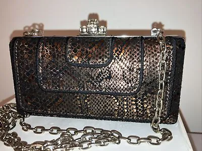 M&S Autograph Gold Black Snake Print Leather Clutch Bag Evening Bag Hard Case • £20