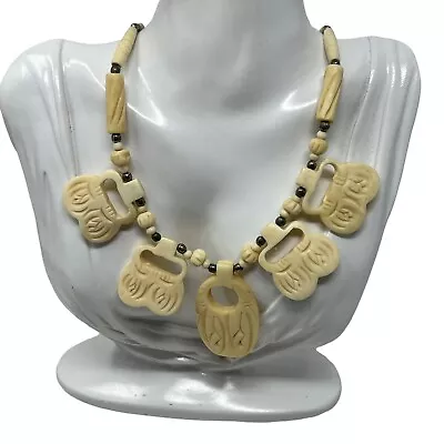 Vintage Tribal Necklace Beige Beaded Pendants Acrylic Bone • $19.95