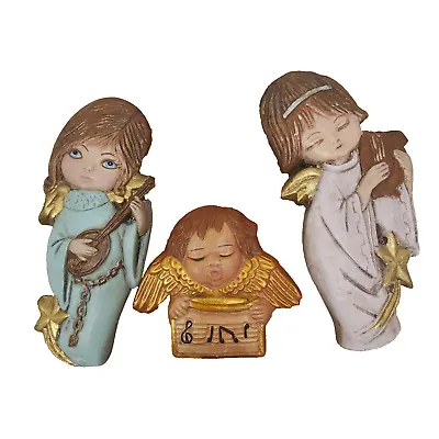 Ceramic Angel Big Eyes Wall Plaque 1970s Musician Harpist Hand Painted Set Of 3 • $25