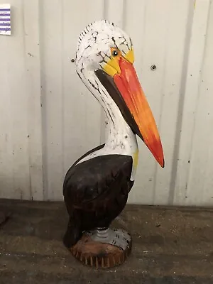 20” Brown Pelican On Piling Hand Carved Wood Tropical Sculpture Bird Decor • $50