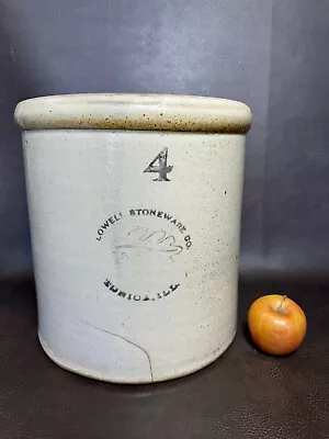 RARE Antique Lowell Stoneware Crock 4 Gallon Oak Leaf Tonica Illinois Farm HTF • $235