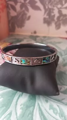 Abalone Shell Blue Green Dolphin Silver Tone Bangle Bracelet Signed  M  • £6.99