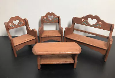 $32.22 • Buy Vintage Doll House Furniture PA Dutch Style Tole Painting 2 Chairs, Table, Bench