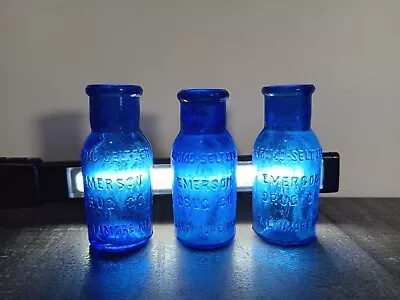 3 Vintage Cobalt Blue Bromo Seltzer Emerson Drug Co - Embossed Medicine Bottles  • $13.95