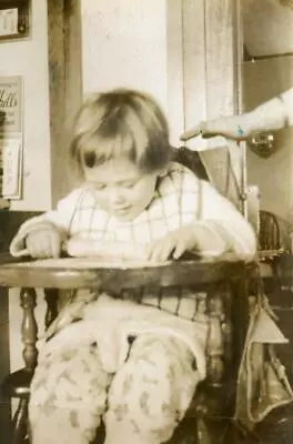 X271 Vtg Photo HIGH CHAIR ROLLING PIN CHILD IN PAJAMAS C 1940's • $3.50