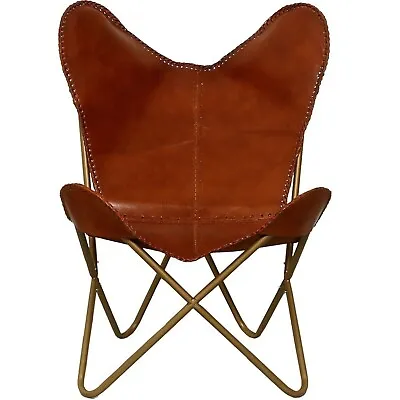 Handmade Vintage New Brown Leather Butterfly Chair With Golden Color Iron Frame • $150