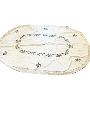 Vtg Hand Embroidered Oval 84 X60  TableCloth White W Holly & Berries Lace Edge • $49.98