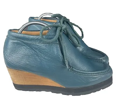 ANTHROPOLOGIE ECOTE Cute Slate Blue Leather Wood Wedge Comfort Loafers Sz 8 • $41.60