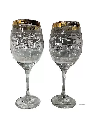 Vintage Gold Tone Crystal Greek Key 9.5” Wine Stemware Glasses Italy Set Of 2 • $16.01