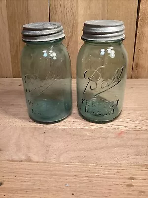 Blue BALL MASON Quart Jars W/ Zinc Lids  - Lot Of 2 - 1900-1933 • $18