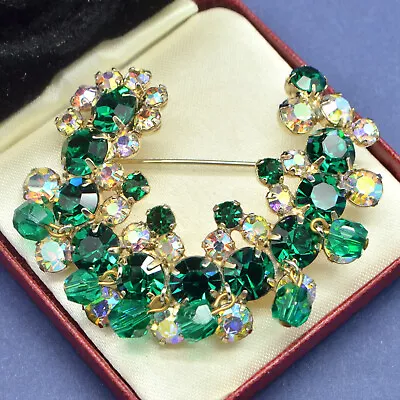 Vintage Brooch D&E JULIANA  1960s Large Green Crystal Drops Goldtone Jewellery • $60.98