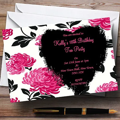 Beautiful Pink Black & White Floral Garden Tea Personalised Party Invitations • £9.99