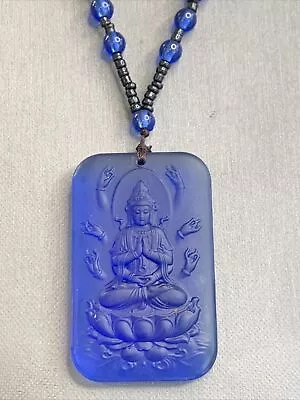 Vintage Cobalt Blue Buddha Molded Pendant Necklace Glass Beads Buddhism • $29.99