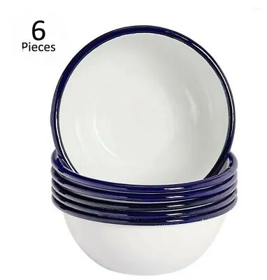 6 X White Enamel Cereal Pudding Bowls Outdoor Camping Tableware Baking Pie Dish • £19.83