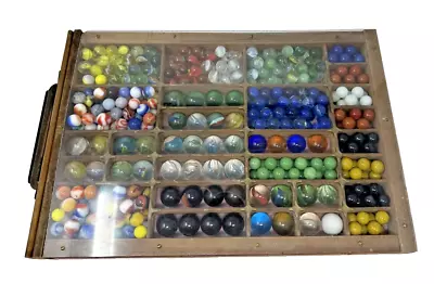 Vintage Glass Marble Collection Display Case Colored Cat Eye Large Small Black • $48.88