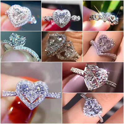 $2 • Buy Heart Cubic Zircon Fashion 925 Silver Filled Ring Women Wedding Jewelry Sz 6-10