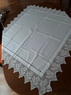 Vintage White Tablecloth Lace Edge 118x117cm No.9 • £8