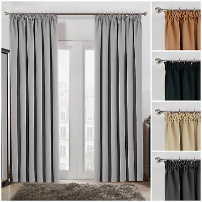 Thick Blackout Curtains Pencil Pleat Pair OF Ready Made Curtain Panel Tie Backs • £25.99