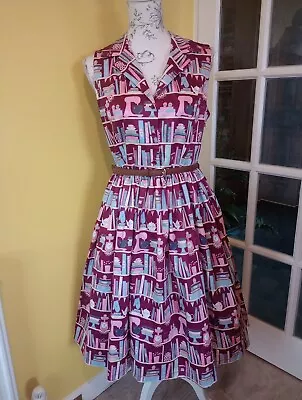 Lindy Bop Matilda Baking Bookshelf Print Shirt Swing Dress Size 12-14 • £26