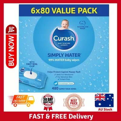 Curash Simply Water Baby Wipes Pack Of 480 (6 X 80 Pack)- FAST & FREE SHIPPING- • $29.41