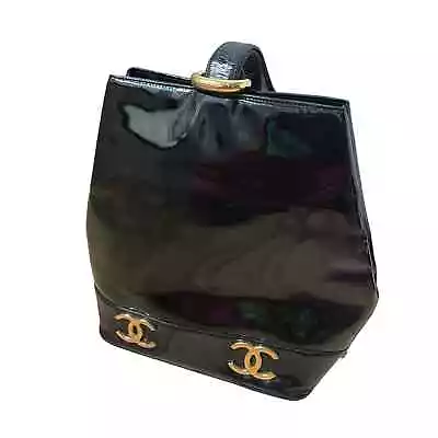 CHANEL VINTAGE PATENT LEATHER SHOULDER 24K GOLD BAG BLACK RARE 90s • $1400