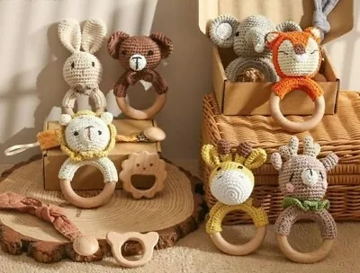 Crochet Wood Animal Baby Rattle | Baby Shower Gift | FREE SHIPPING • £12.85