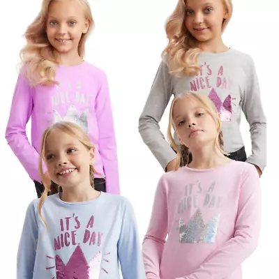 Girls Long Sleeve T Shirts Cotton Glitter/sequin Work Summer Tops Age 7-12 Years • £9.95