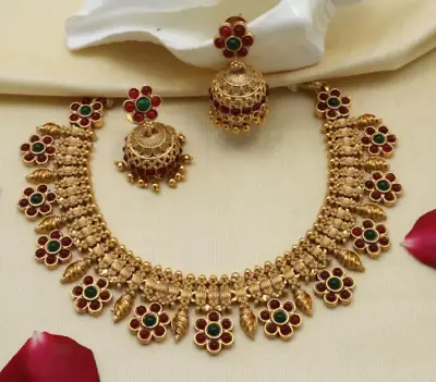 $37.05 • Buy Indian Bollywood CZ Wedding Jewelry Gold Jhumka Earrings Choker Necklace Set