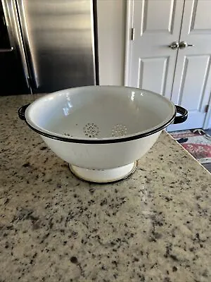 Vintage Colander 1950 White Black 9” Enamel  Bowl Pedestal Strainer Farm House • $15.95