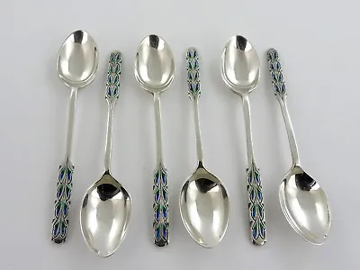 6 Beautiful SILVER & ENAMEL TEASPOONS Birmingham 1934 Liberty & Co ART NOUVEAU • £550