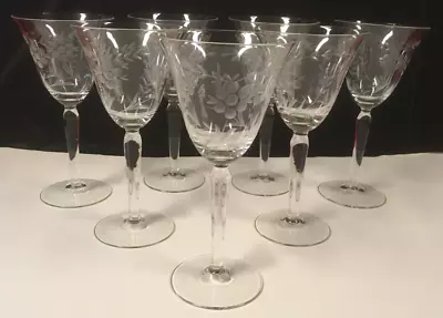 VTG Set/7 Crystal Wine Water Goblets Glasses Etched Floral Leaves 7 5/8  H  8 Oz • $19.95