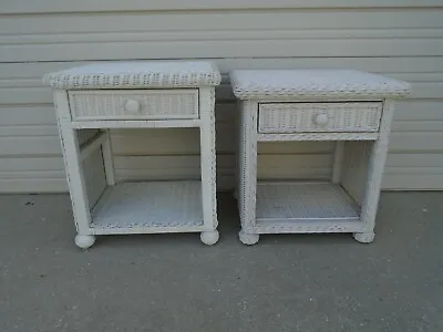 $399 • Buy 2 Wicker Nightstands Cottage Coastal Tropical Rattan Shabby Chic Beach Pair Whit