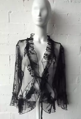 Vintage 1990s RODNEY CLARK Sheer Black Lace Frilled Bolero Jacket Size 14 • $29.99