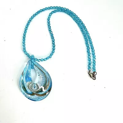 Murano Glass Pendant On Beaded Glass Blue Necklace • $11