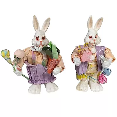 Vintage Easter Bunny Rabbit Paper Mache Set Of Two 4.5  Pastel Multicolor • $23.99