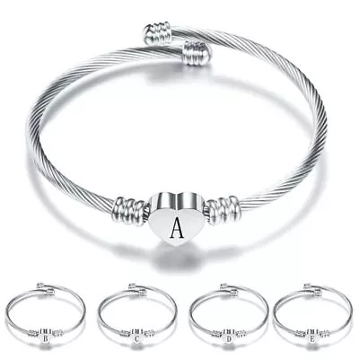 Heart Charms Bracelet - With Initial Letter Stainless Steel Bangle Silver Color • $14.11