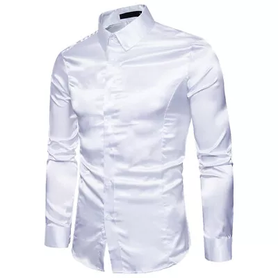 Men Satin Silk Shirt Casual Slim Wedding Party Dress Long Sleeve Button Down Top • £15.85