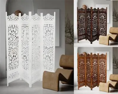 £199.99 • Buy 4 Panel Carved Room Divider Indian Wooden Folding Screen Lotus 200 X 180 Cm High