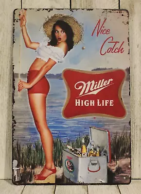 Miller Beer Pinup Girl Tin Poster Sign Bar Man Cave Vintage Ad Style Fishing XZ • $10.97