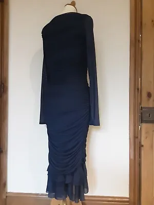 Little Mistress Blue Fitted Stretch Midi Ruched Side Dress. Frill Hem.   Size 12 • £15.99