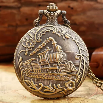 Vintage Bronze Retro Pocket Watch Quartz Train Necklace Chain Men Women Gifts • $4.64