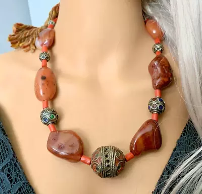 Moroccan Fusion Necklace Handmade Berber Tribal Necklace Carnelian Enamel • $82.46