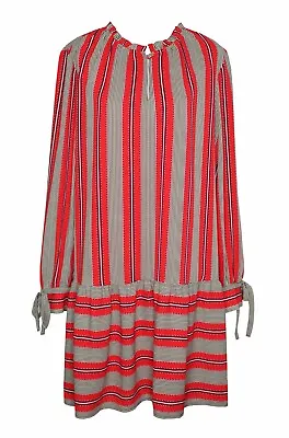 LOFT M Dress Red Vertical Striped Drop Waist Swing Tied Sleeve Retro Mod Ruffle • $28.99