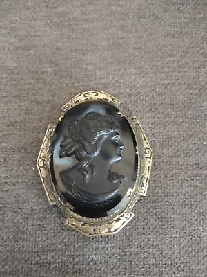 Vintage 1920sVictorian Whitby Jet Or Vulcanite Jet & Brass Cameo Mourning Brooch • $75