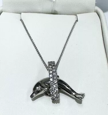 14k White Gold Ladies Dolphin Through Diamond Hoop Pendant Necklace • $1399