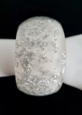 Vtg Chunky Wide Asymmetrical Confetti Lucite Bangle Bracelet Clear & Silver Foil • $30.87